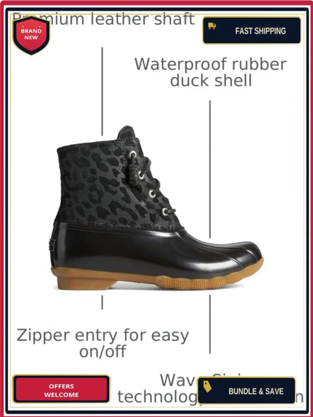 Sperry Saltwater Cheetah Duck Boot Waterproof Ankle Rain Boot Zip